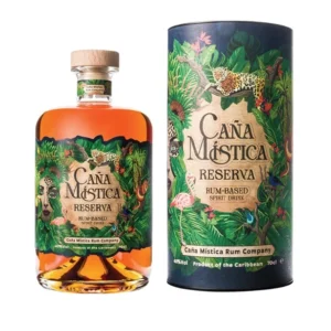 Caña Mística Reserva Rum Company, bottiglia con confezione cilindrica illustrata
