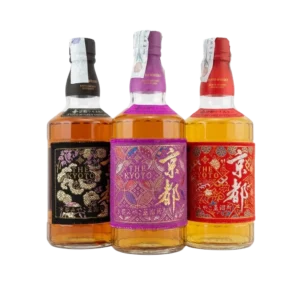 Giapponese Set 3 Bottiglie Kyoto Whisky con etichette in tessuto colorato e
