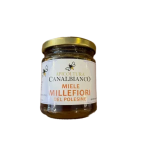 Vasetto di miele millefiori artigianale Apicoltura Canalbianco esposto all'interno della enoteca La botega del vin a Lendinara in provincia di Rovigo.