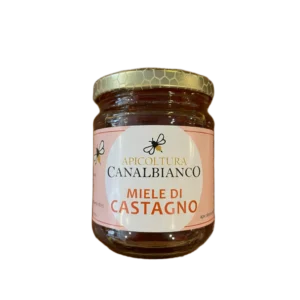 Vasetto di miele di castagno artigianale Apicoltura Canalbianco esposto all'interno della enoteca La botega del vin a Lendinara in provincia di Rovigo.
