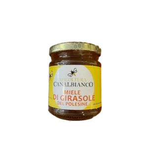 Vasetto di miele di girasole artigianale Apicoltura Canalbianco esposto all'interno della enoteca La botega del vin a Lendinara in provincia di Rovigo.